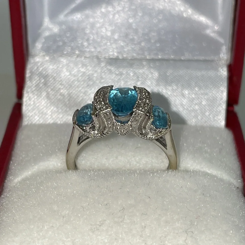 Solid Stamped 14K White Gold Oval Trio Natural Blue Topaz Diamond Ring